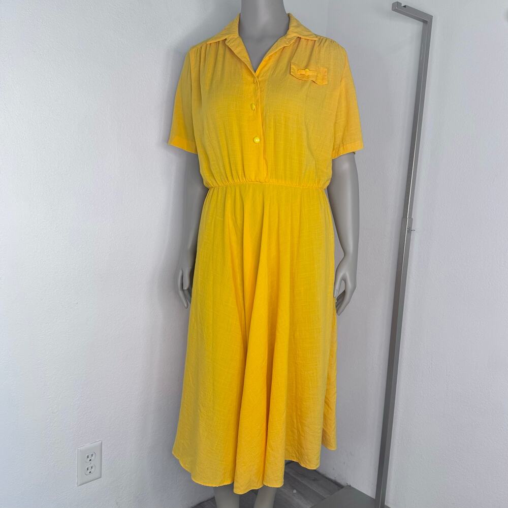 Vintage Yellow Midi Shirt Shorts Sleeve Picnic Retro Summer Bright Size 16